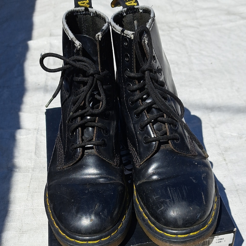 Dr. Martens Black Vegan Leather Boots with Yellow Stitching